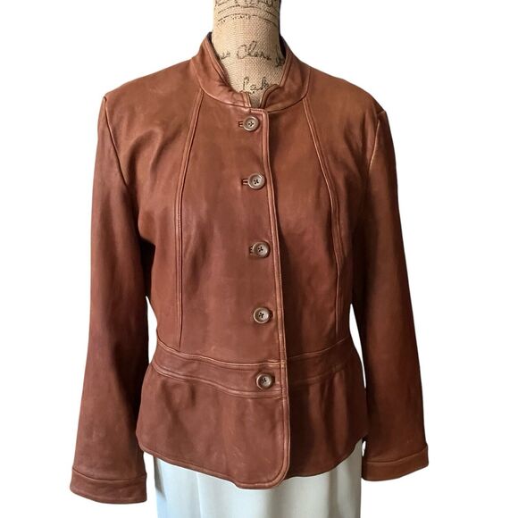 A.N.A. Jr XL Soft Genuine Leather Jacket Brown Blazer Business Casual Peplum Hem - Picture 4 of 12